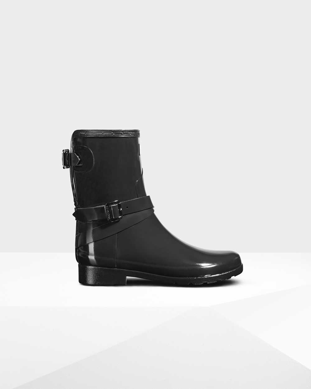 Hunter Women's Refined Adjustable Short Gloss Short Wellington Boots Black,CWSX97852